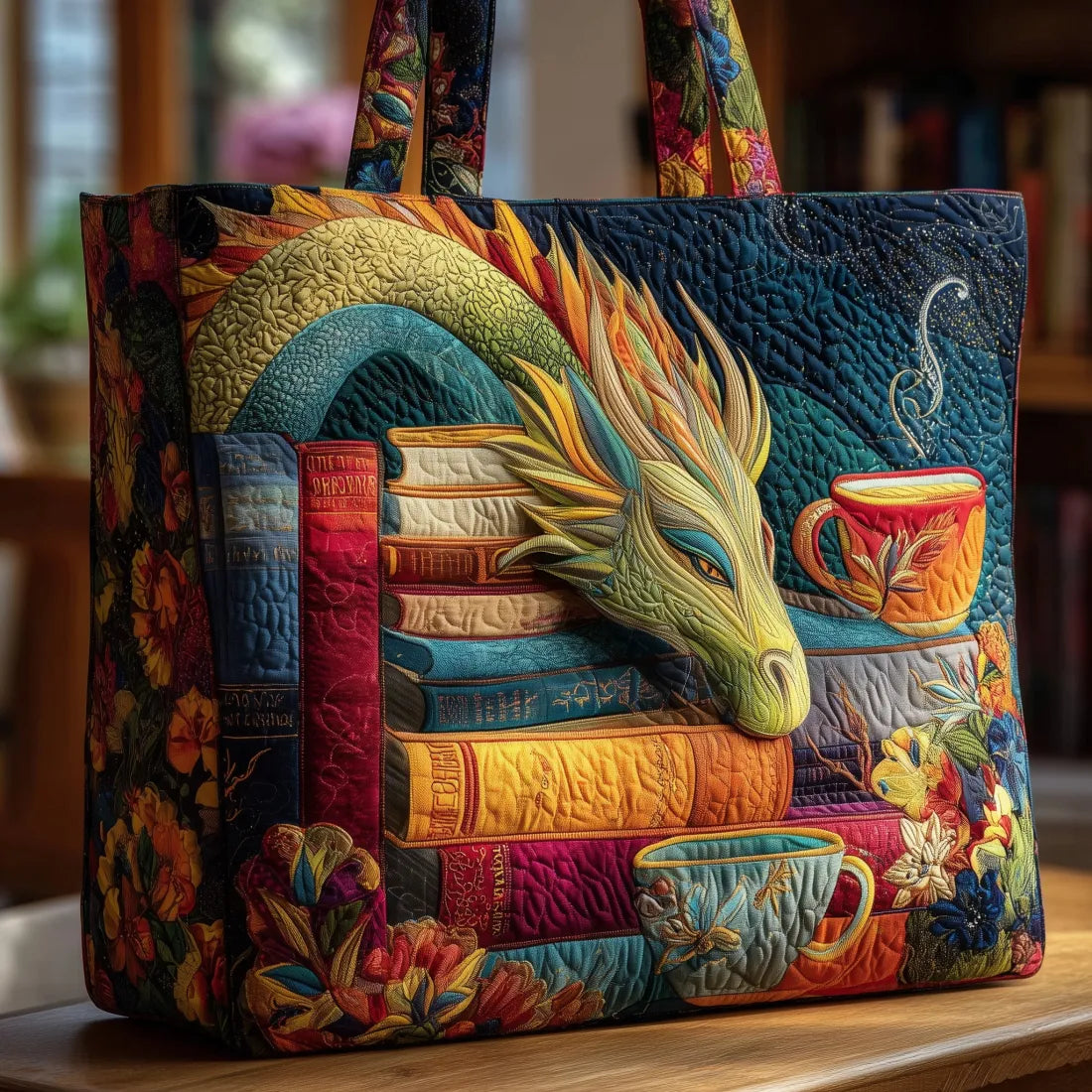 Handgemaakte Tas - Draak Lezer met Boeken en Bekers