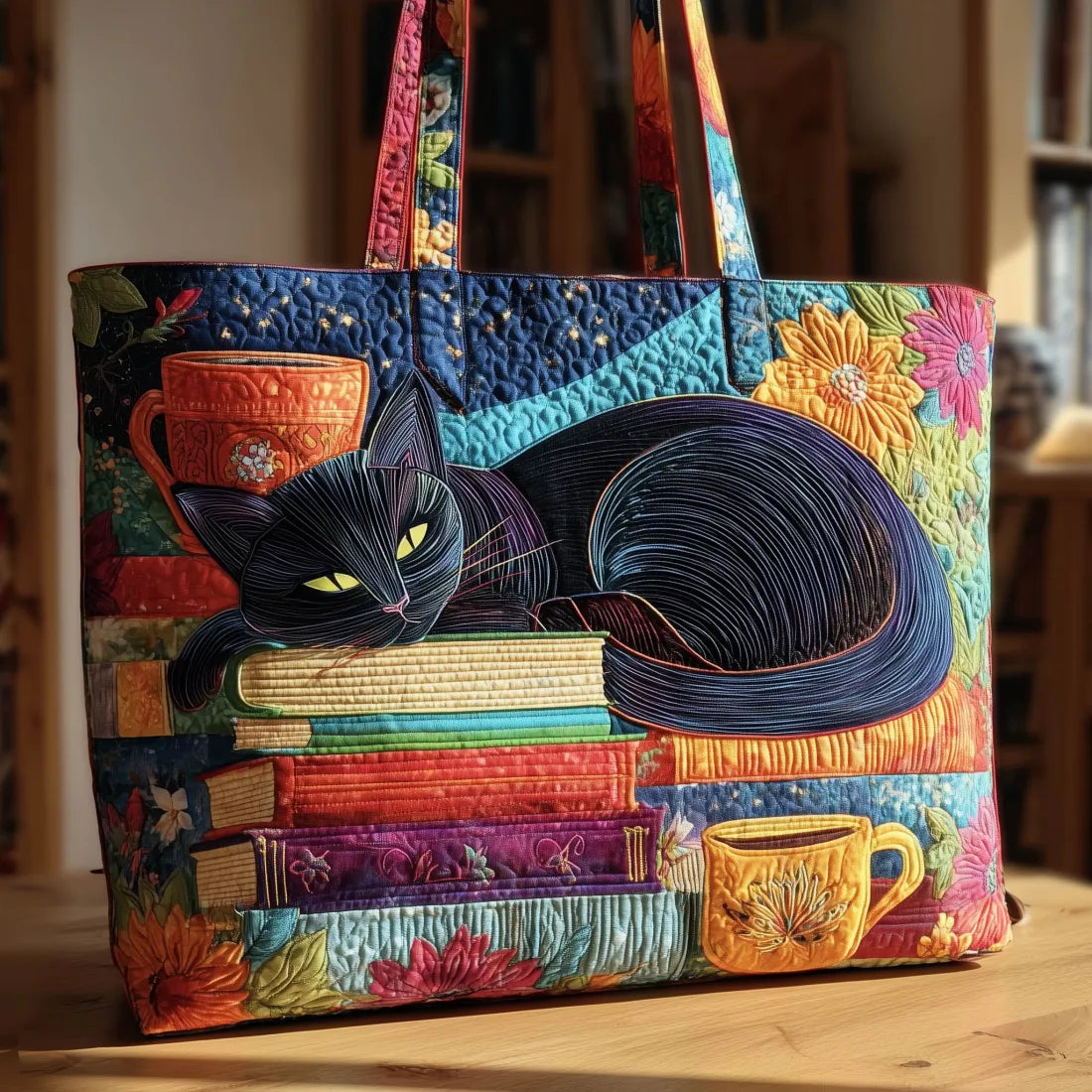 Handgemaakte Tas - Zwarte Kat met Boeken en Tassen