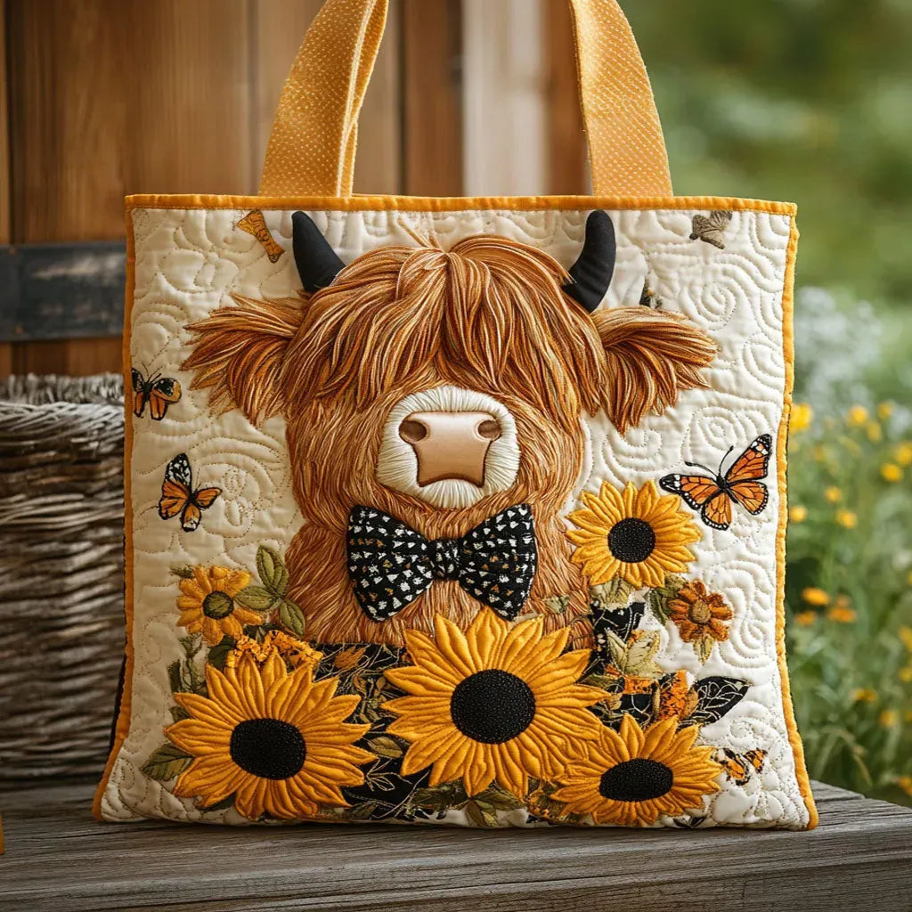 Gequilte Tas - Hoogland Koe met Zonnebloemen
