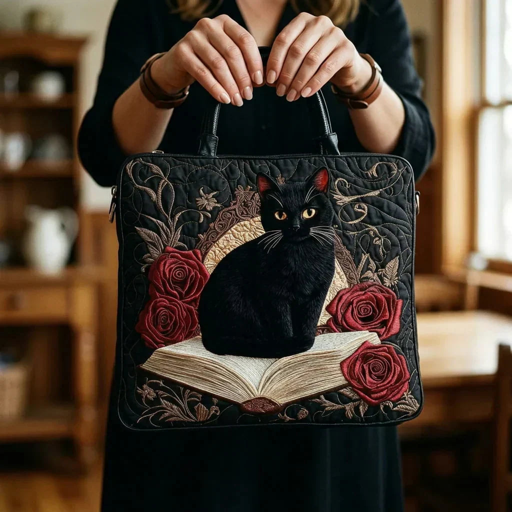Handgemaakte Matelassé Tas - Zwarte Kat op Boeken