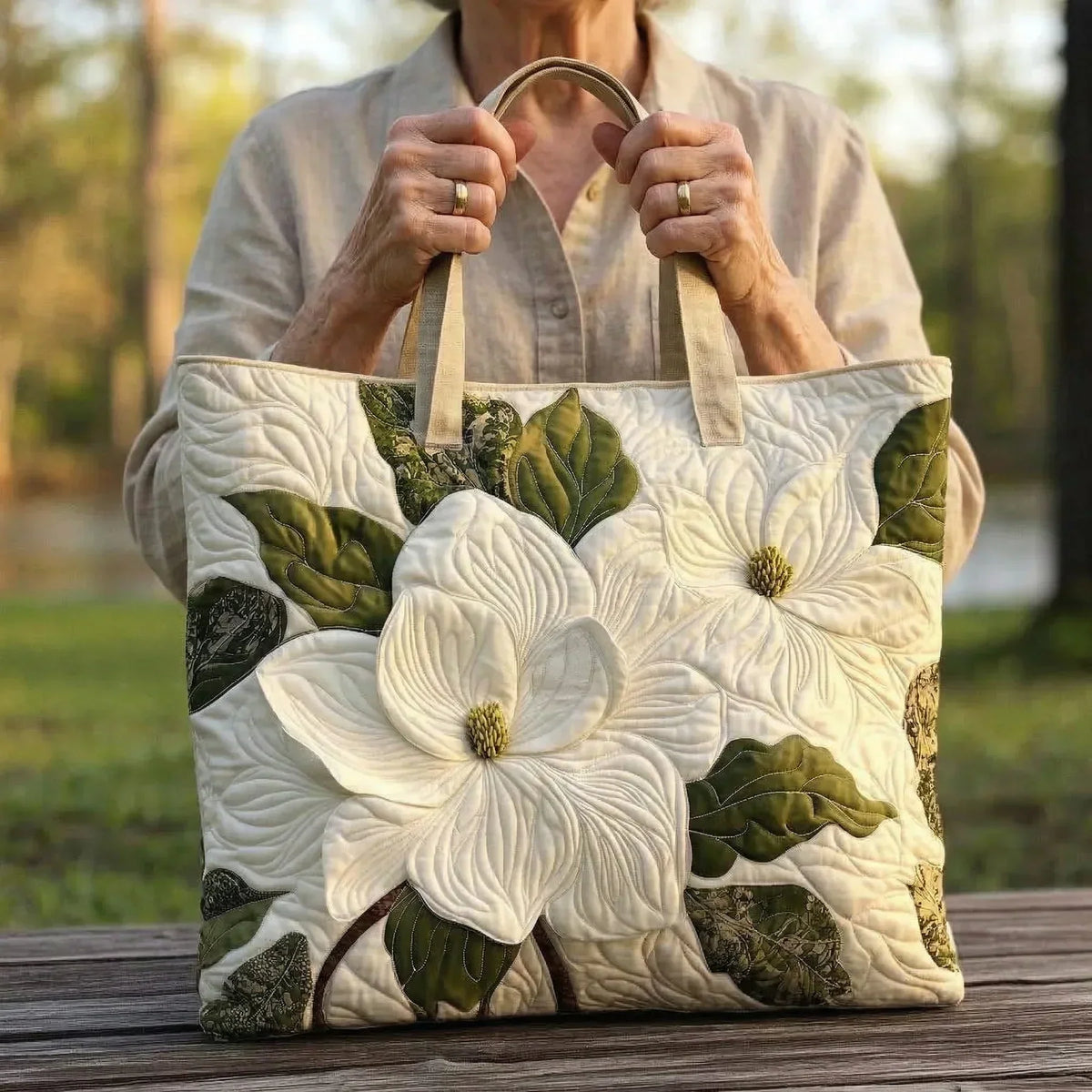 Ambachtelijke Gequiltte Tas - Elegante Witte Lelies