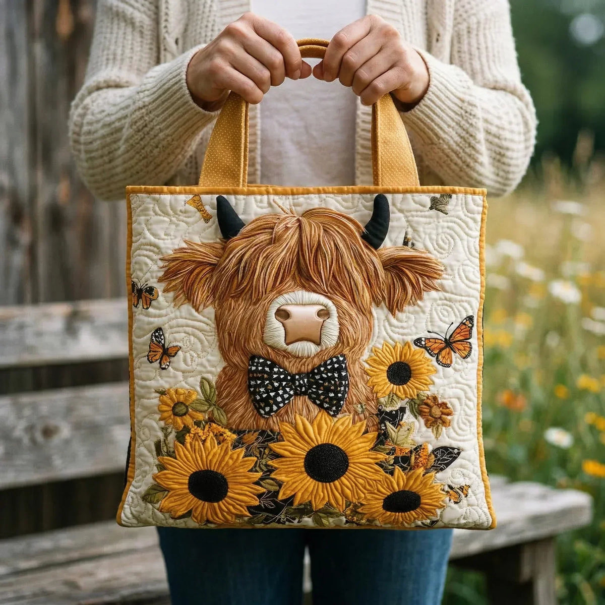 Gequilte Tas - Hoogland Koe met Zonnebloemen