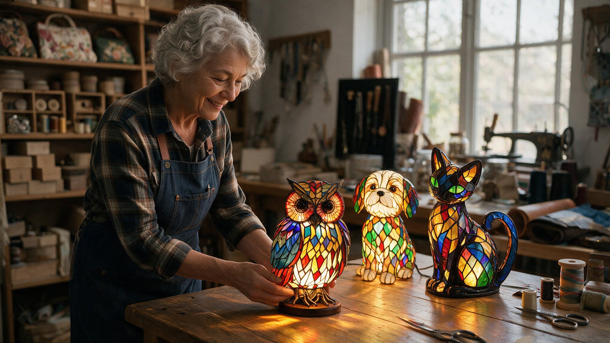 Dierenlampen met verschillende vormen en kleuren op een werktafel